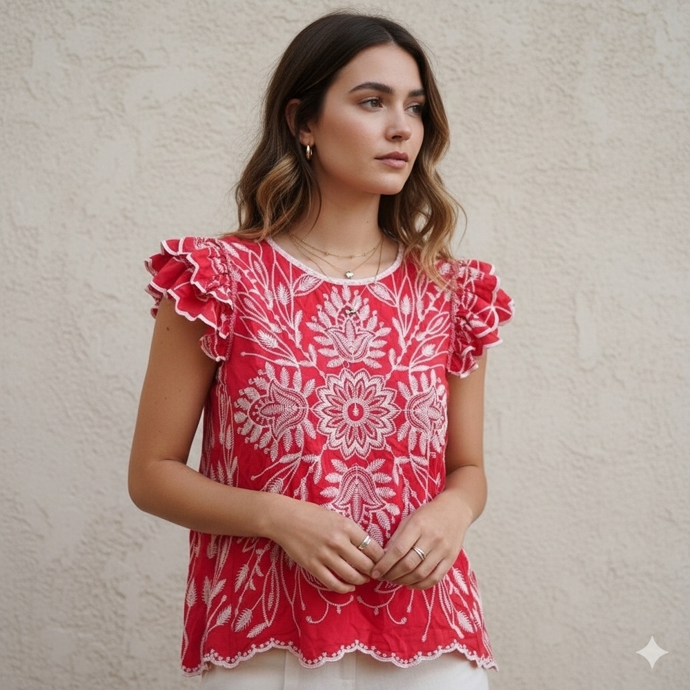 Solitaire Women's Size Small Red Embroidered Boho Ruffle Sleeve Top